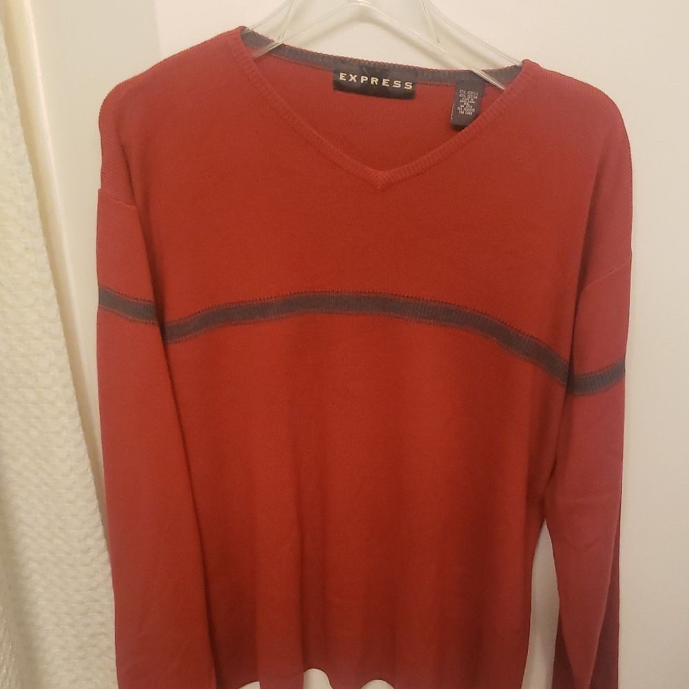 Vintage Men's Express V-Neck Sweater in Crimson And Charcoal Sz XL